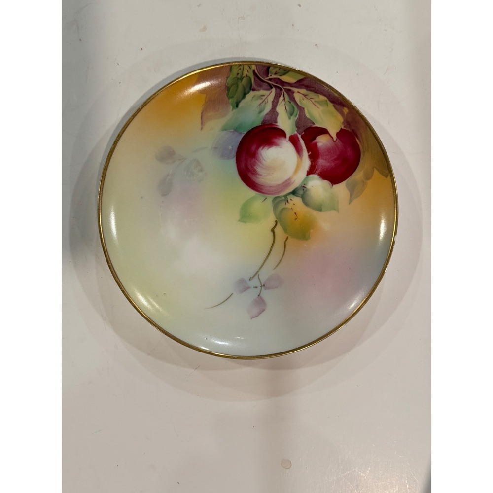 Antique Nippon Hand Painted Fruit Plate Gold Rim Red Apple Porcelain 7.75 Inch